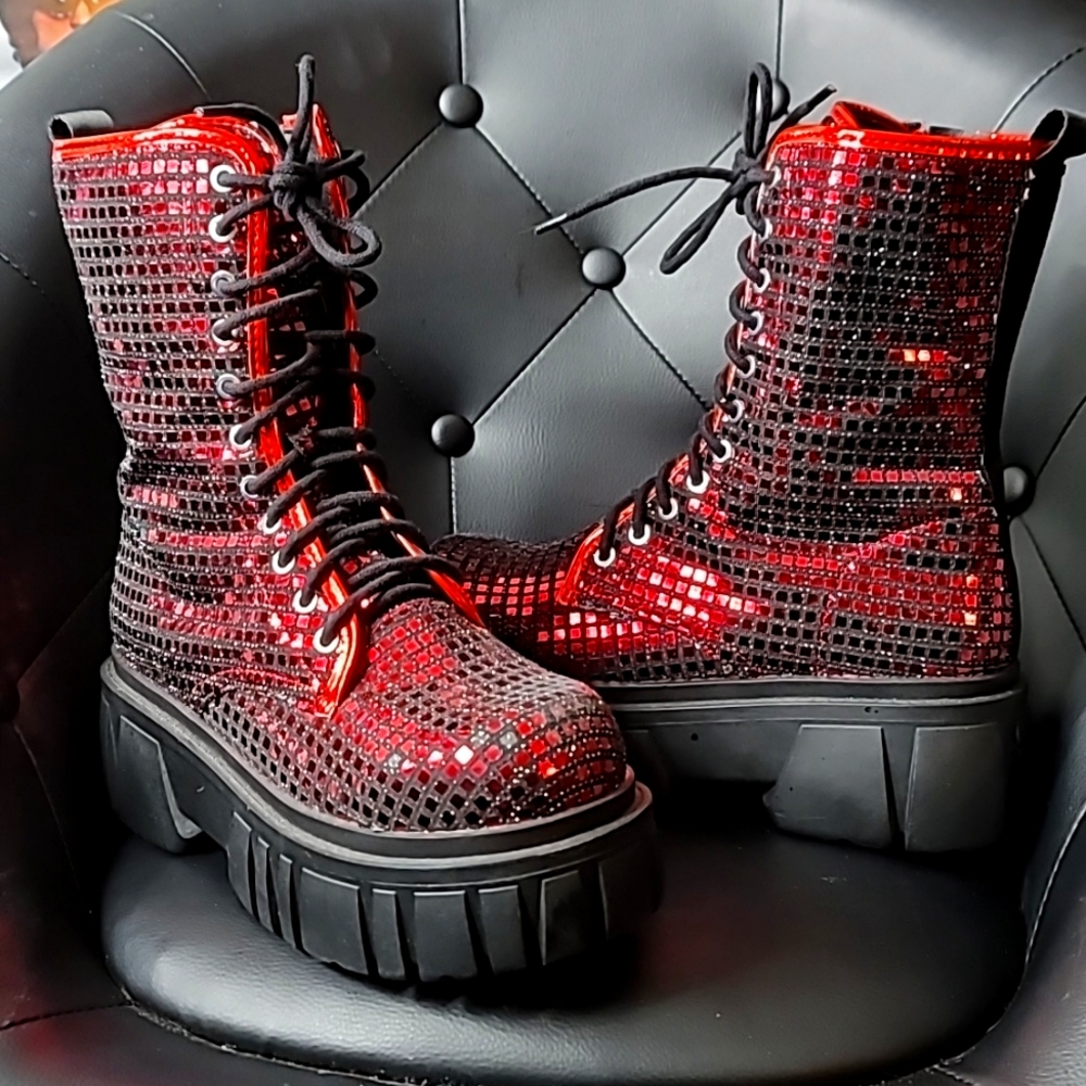 Red Sequins Combat Boots